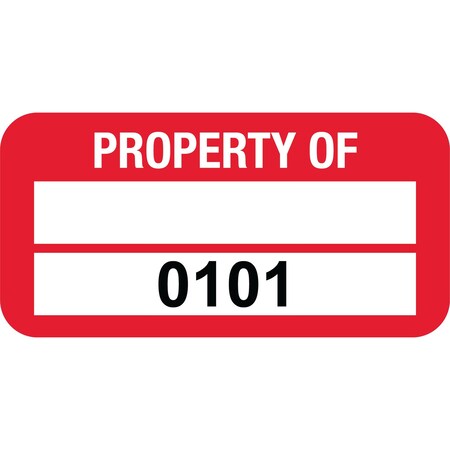 Lustre-Cal PROPERTY OF Label, Polyester Dark Red 1.50in x 0.75in 1 Blank Pad & Serialized 0101-0200, 100PK 253772Pe2Rd0101